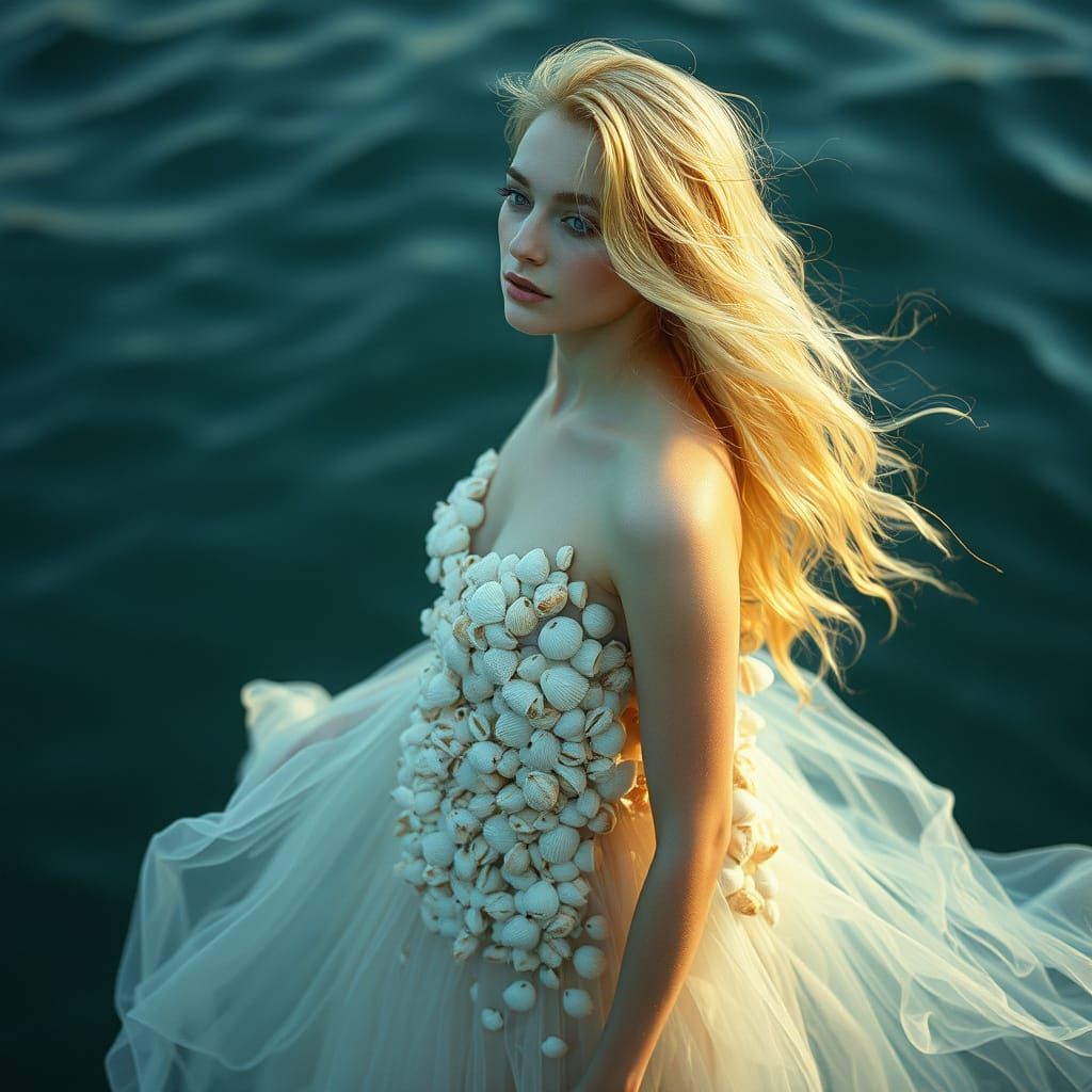 Blonde Woman in Oceanic Gown Covered in Seashells