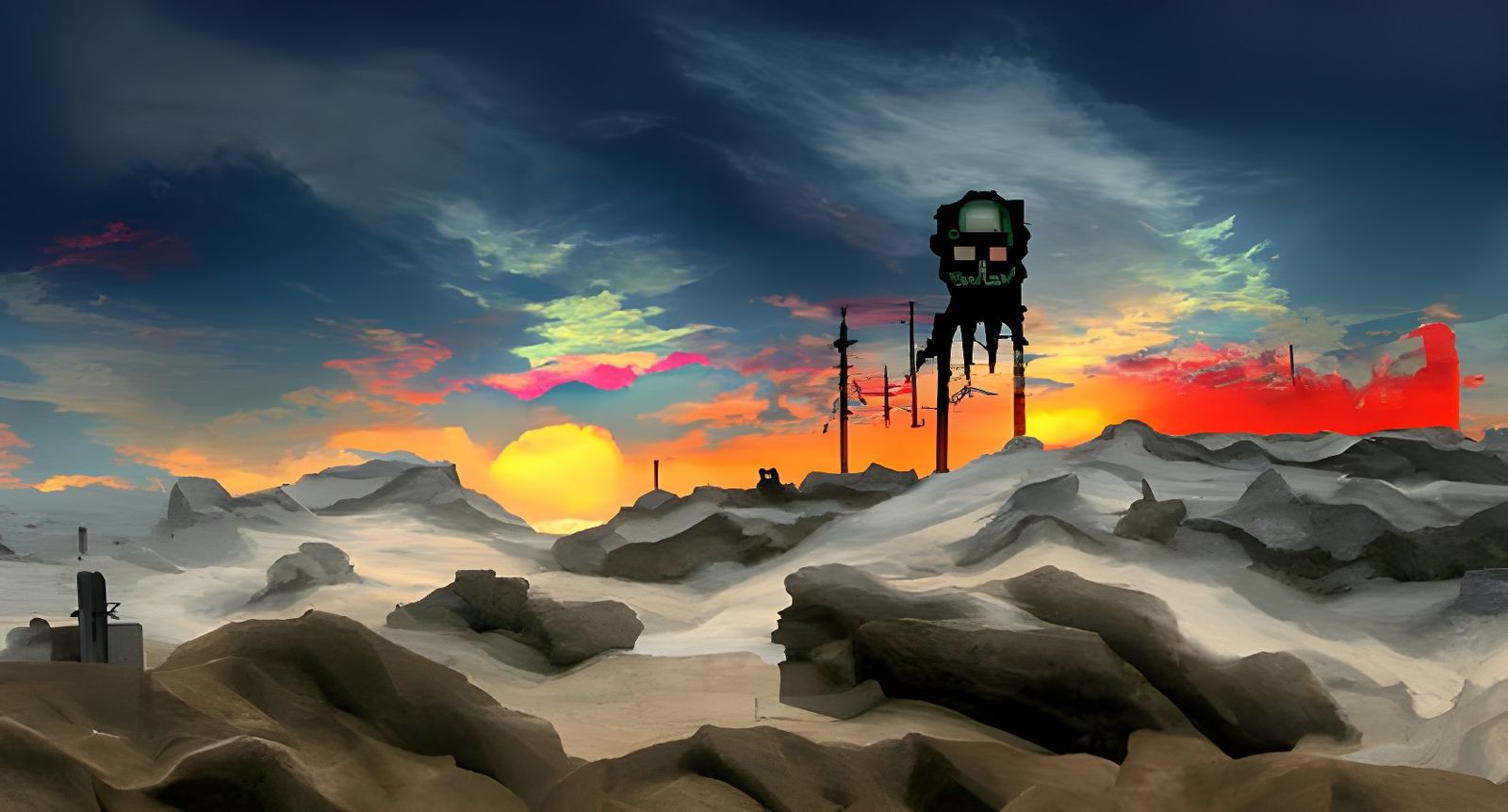 Surreal Sunset over Ashen Wasteland in Pixel Art