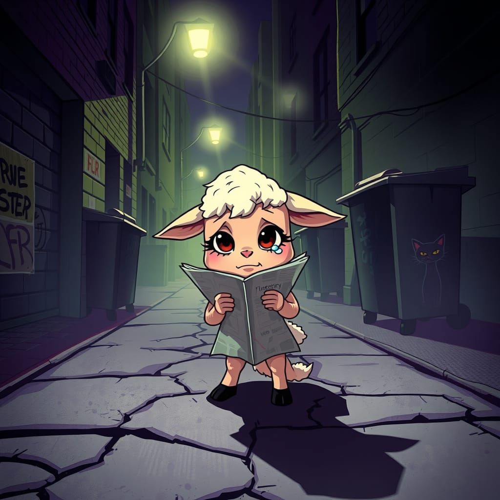 Lost Lamb in Noir Cityscape Cartoon