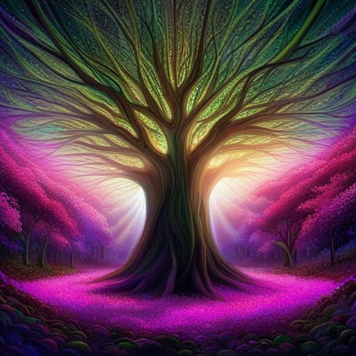 Rainbow Tree with Fractal Light Spirals