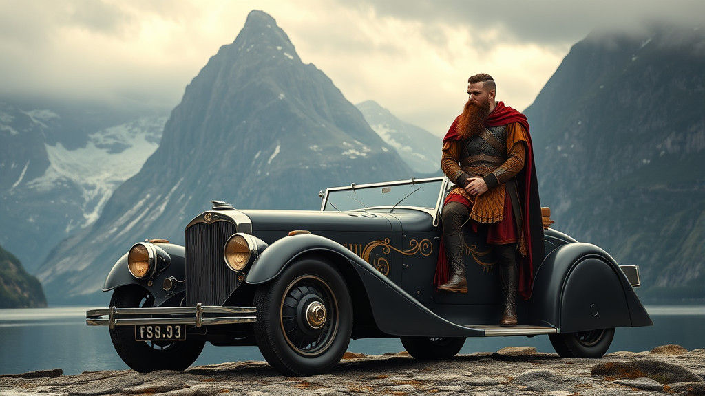 a vintage, matte-black 1920s- viking style car a