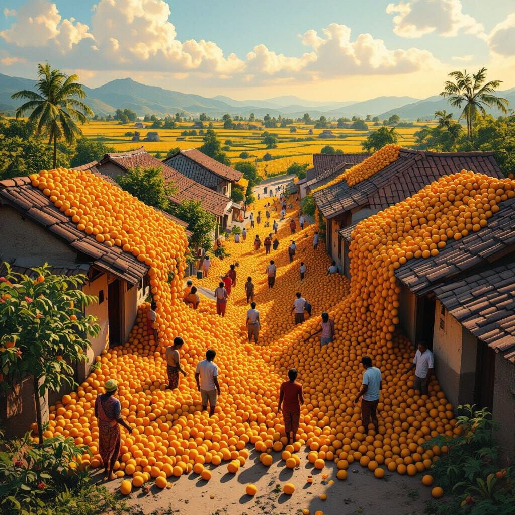 Village Overwhelmed by Surreal Mango Deluge
