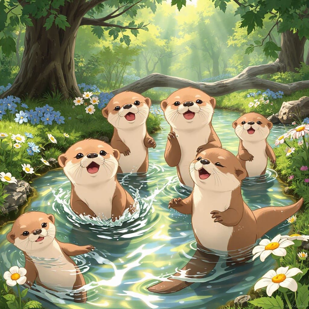 Whimsical Otter Family Frolics in a Sunlit Stream