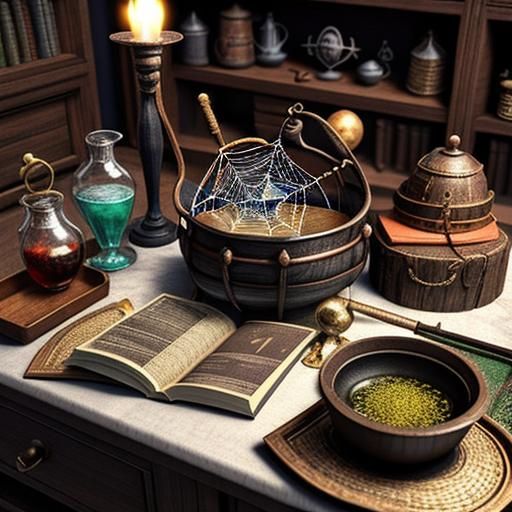 Photorealistic 3D Render of Magical Symbols and Potions