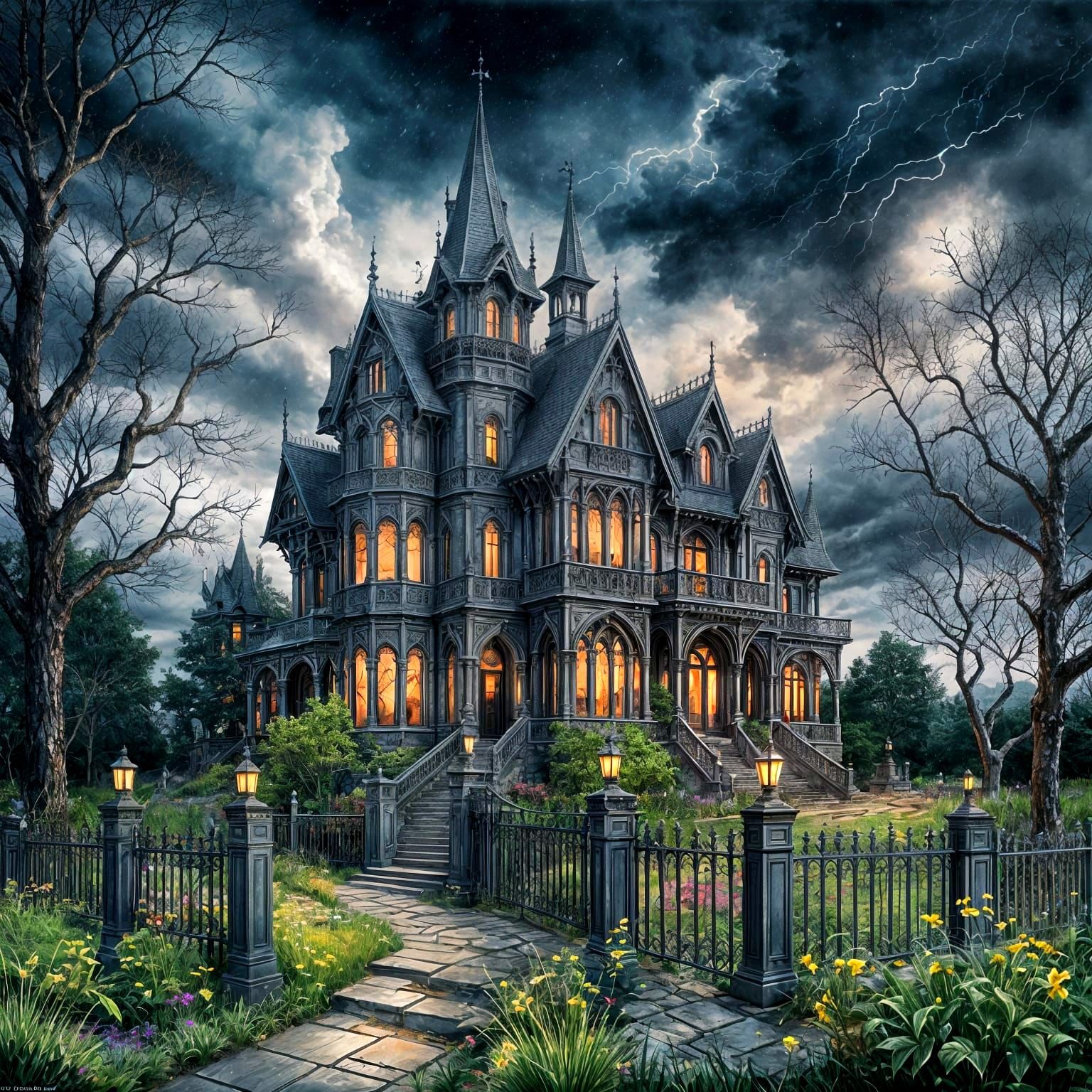 Gothic Mansion Behind Iron Fence in Watercolor
