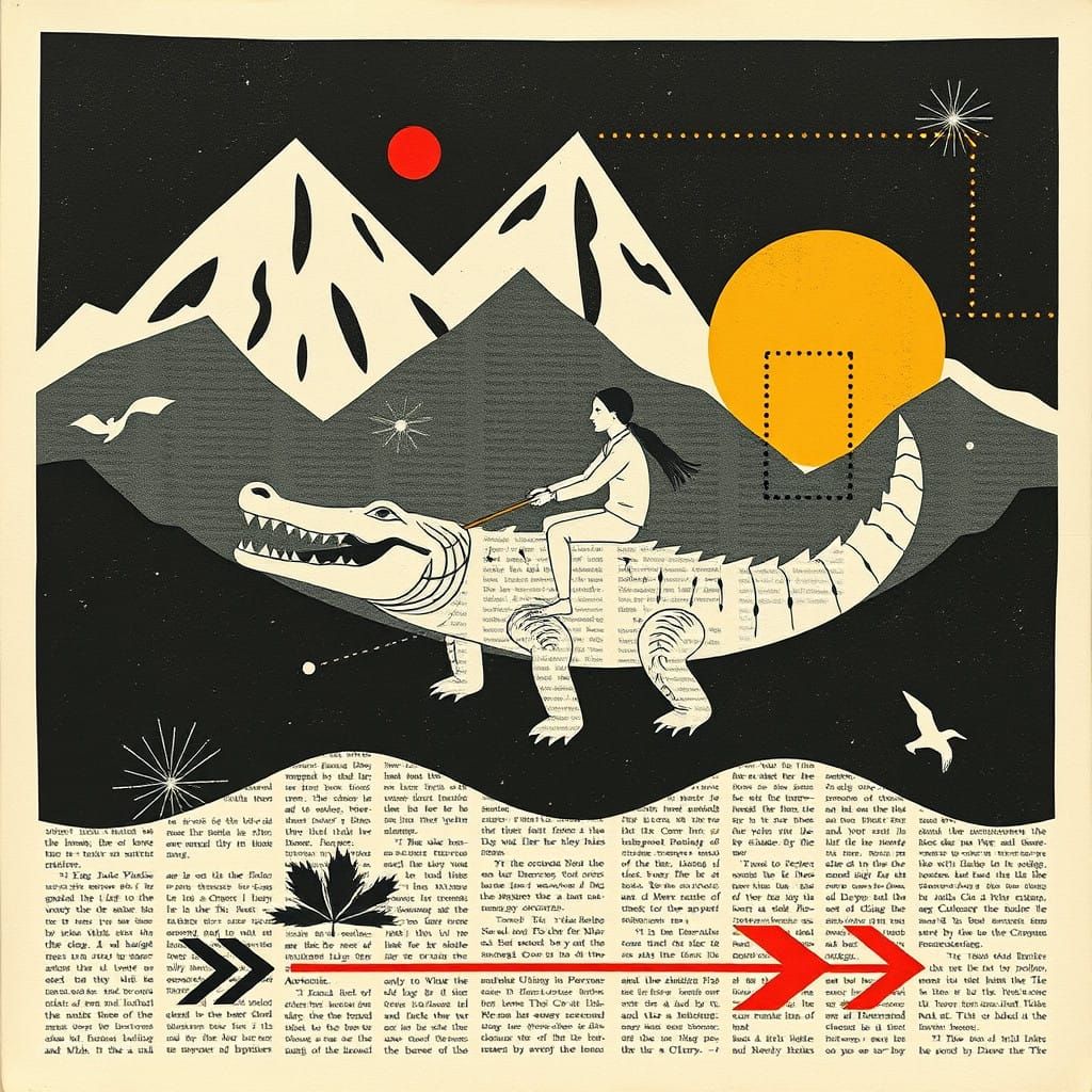 Stylized Crocodile Rider in the Mountains