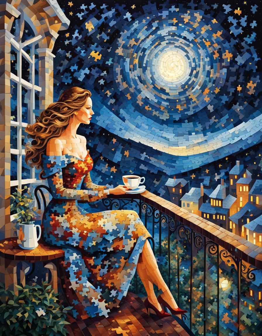 Puzzle Art of Woman Drinking Coffee Under Stars