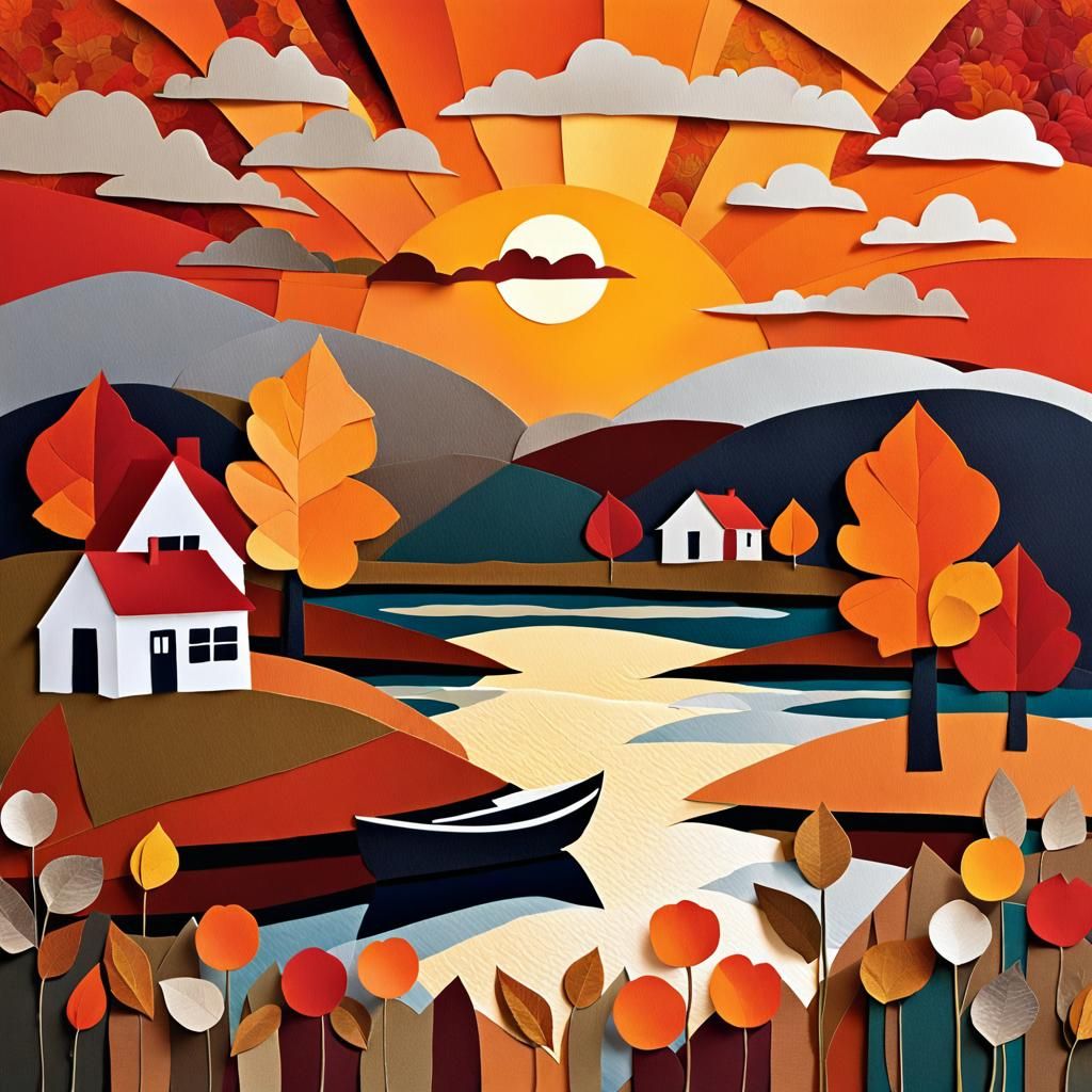 Autumn Paper Collage Illustration with Sunset River Scene
