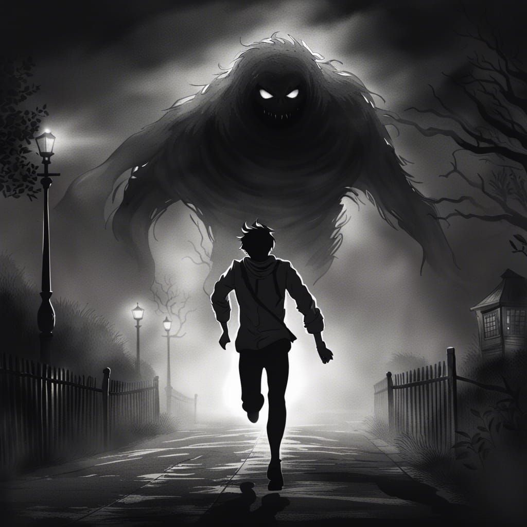 Man Pursued by Monster in Foggy Anime Style