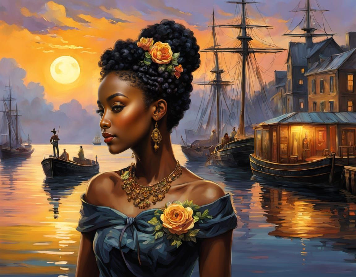 Elegant Woman Watching Ships, Romantic Style