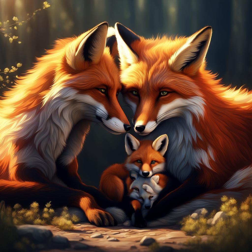Fox Family Hug in Sunlight: Detailed Matte Painting