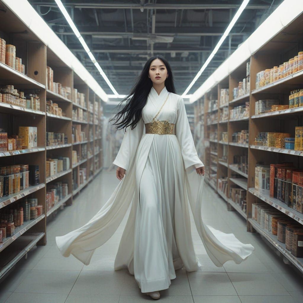 Ethereal Chinese Ghost in Abandoned Mall Aisle