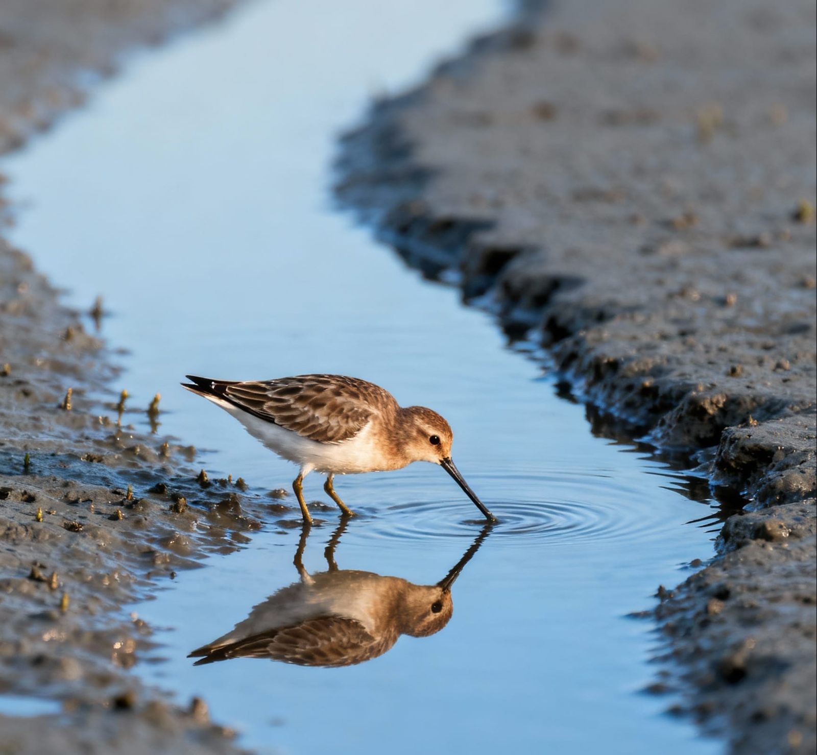 Spoon-Billed Sandpiper Forages in Reflective Mudflats
