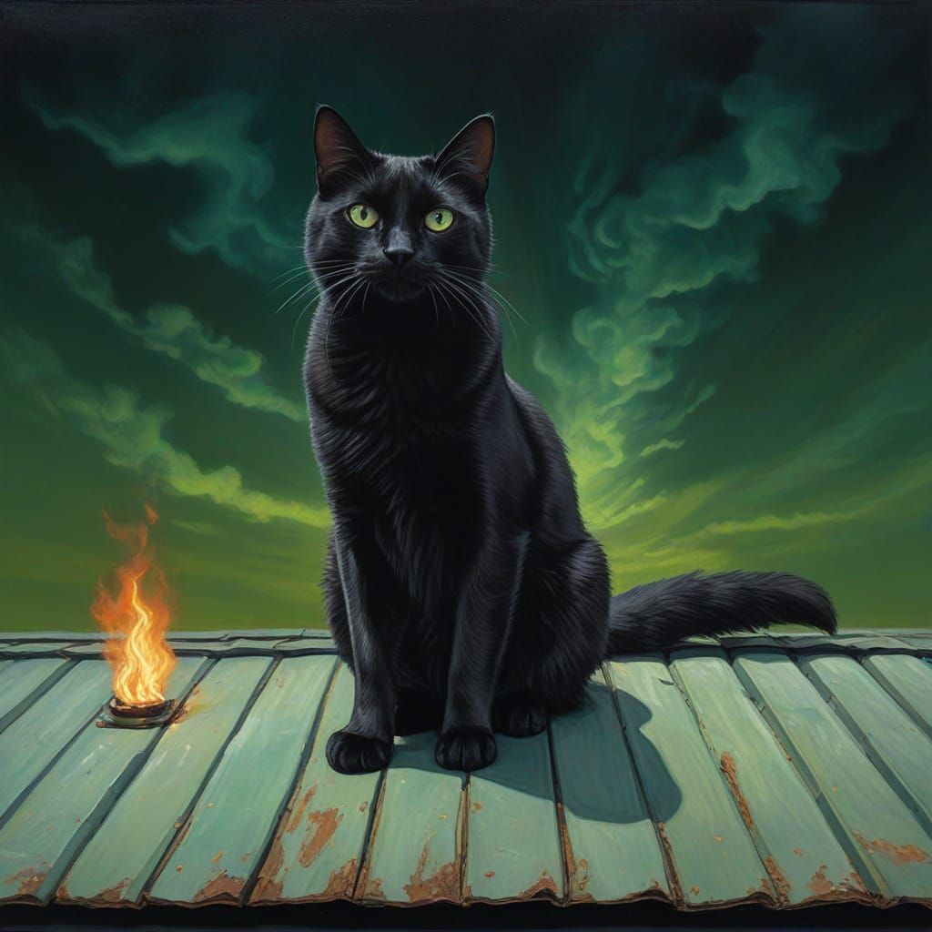 Surreal Black Cat on Hot Tin Roof Oil Painting