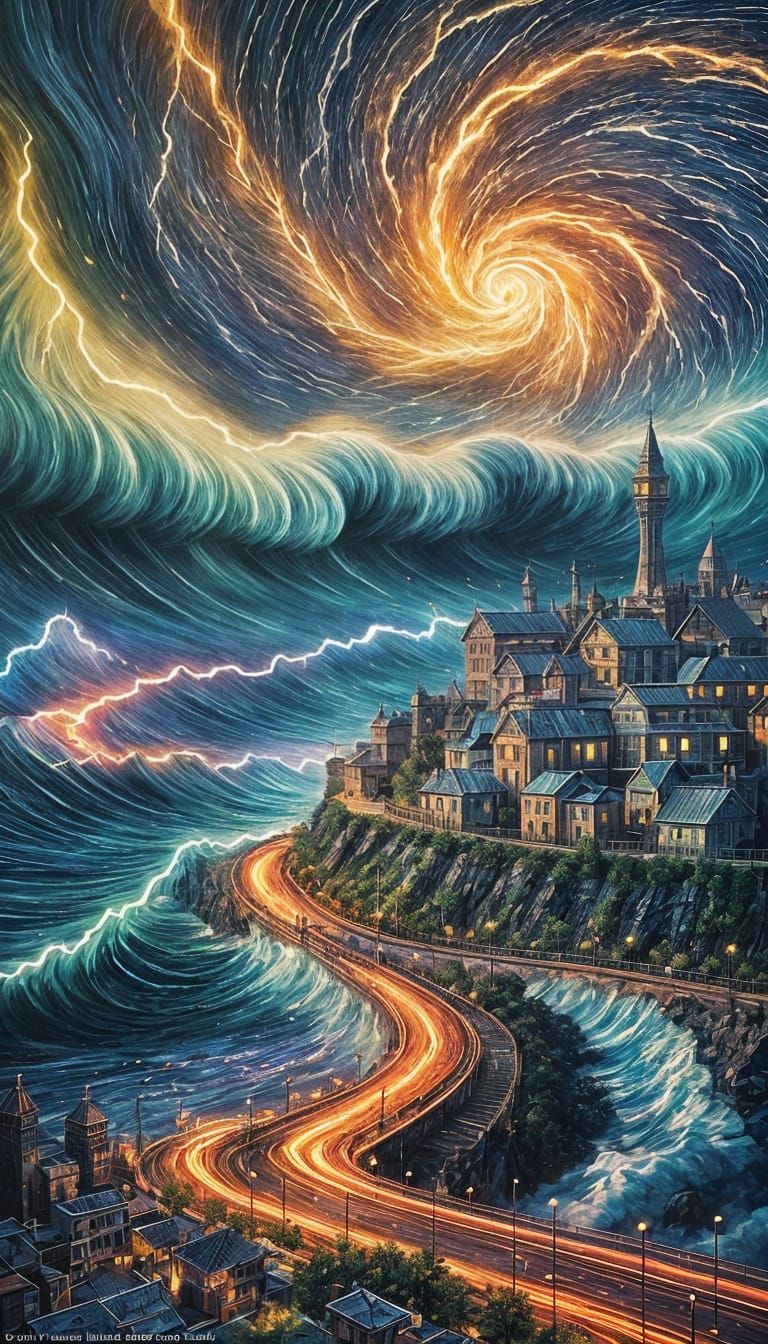 Lightning Vortex Over Ocean Town