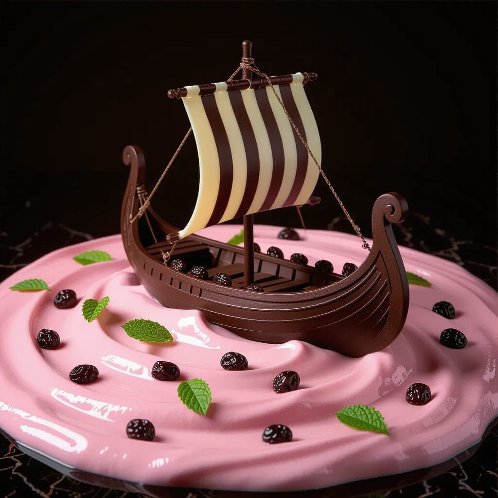 Chocolate Viking Longship on Strawberry Cream Sea