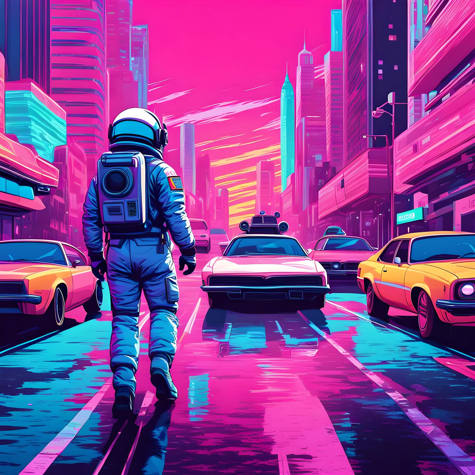 Astronaut in Vaporwave City Street, Drawing Style