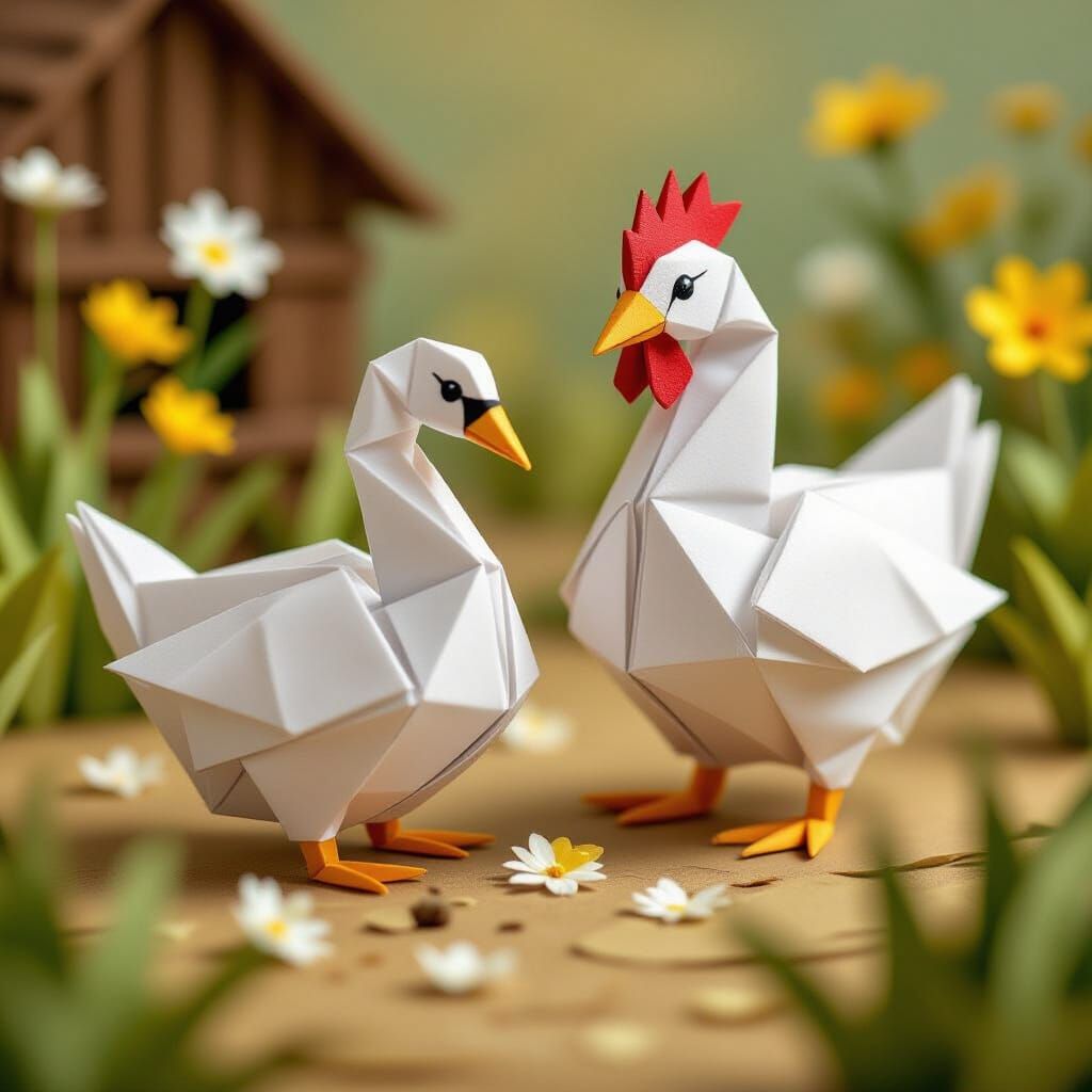Origami Swan and Hen Farmyard Scene