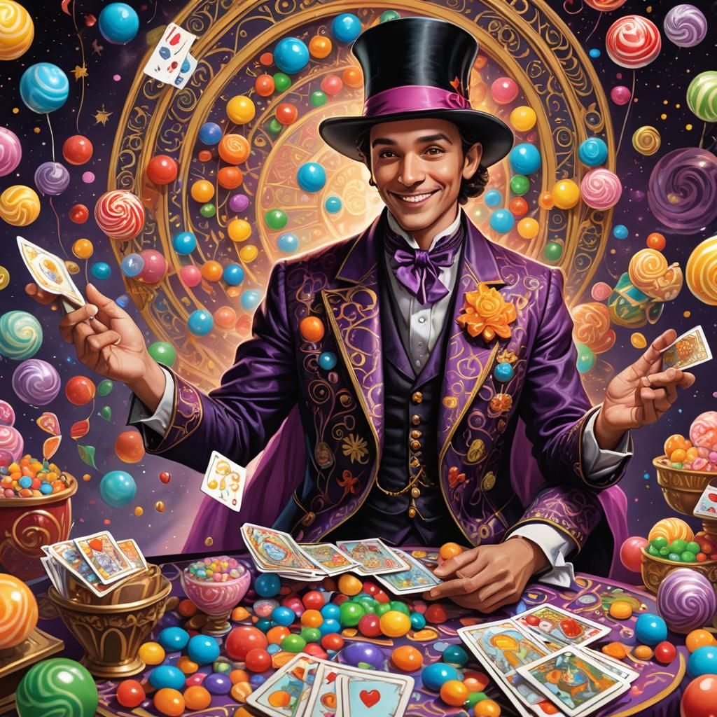Magician with Candy Tarot Cards, Cel-Shaded Illustration