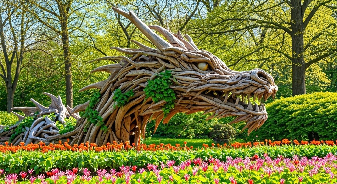 Majestic Driftwood Dragon in Serene Public Garden