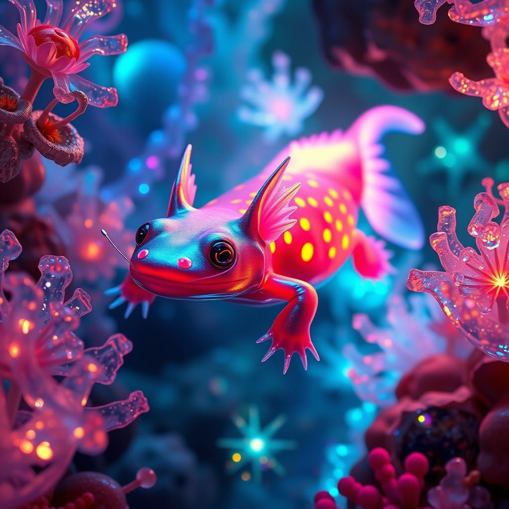 Surreal Axolotl Surrounded by Iridescent Aquatic Wonders in ...
