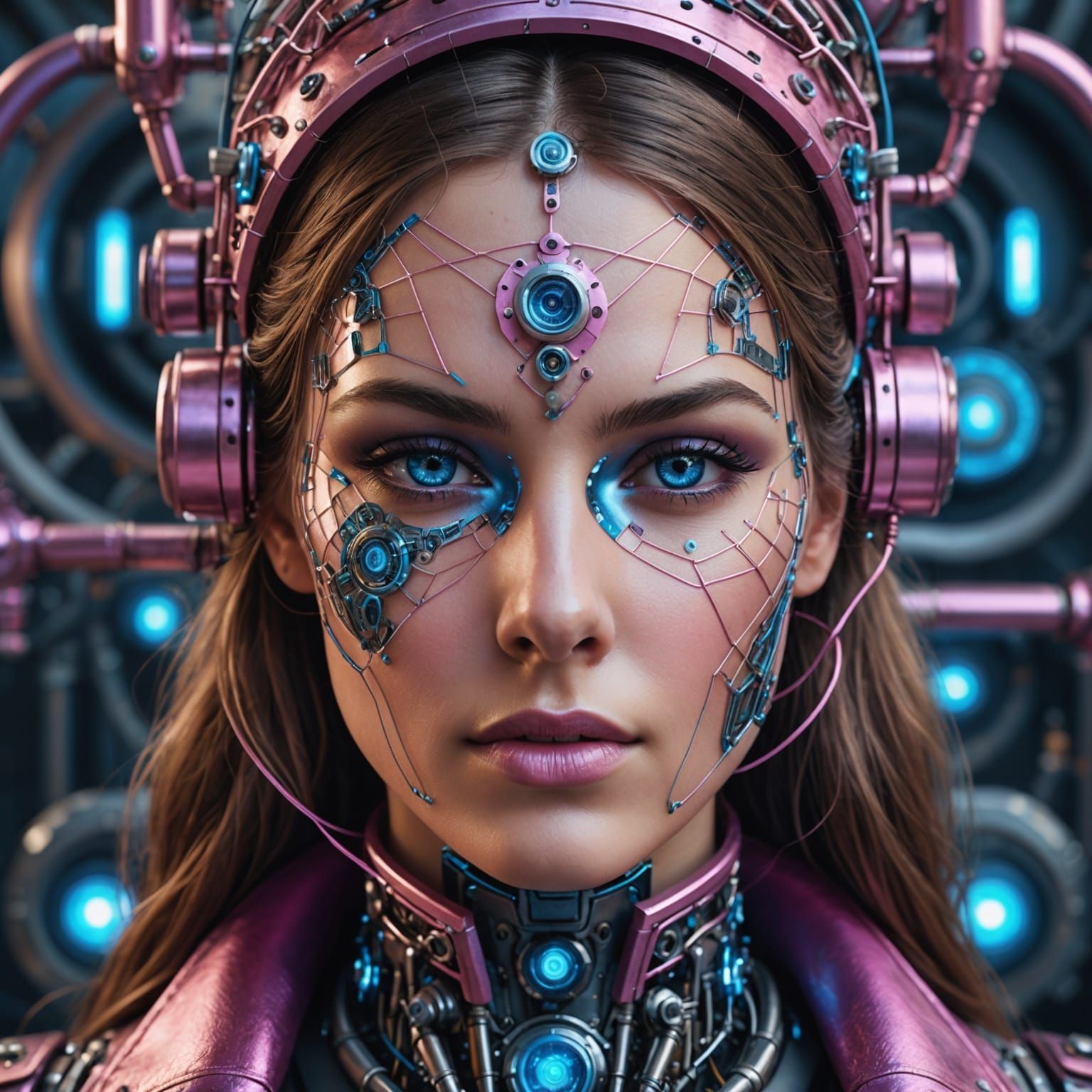 Metallic Pink Woman with Computer Network Face