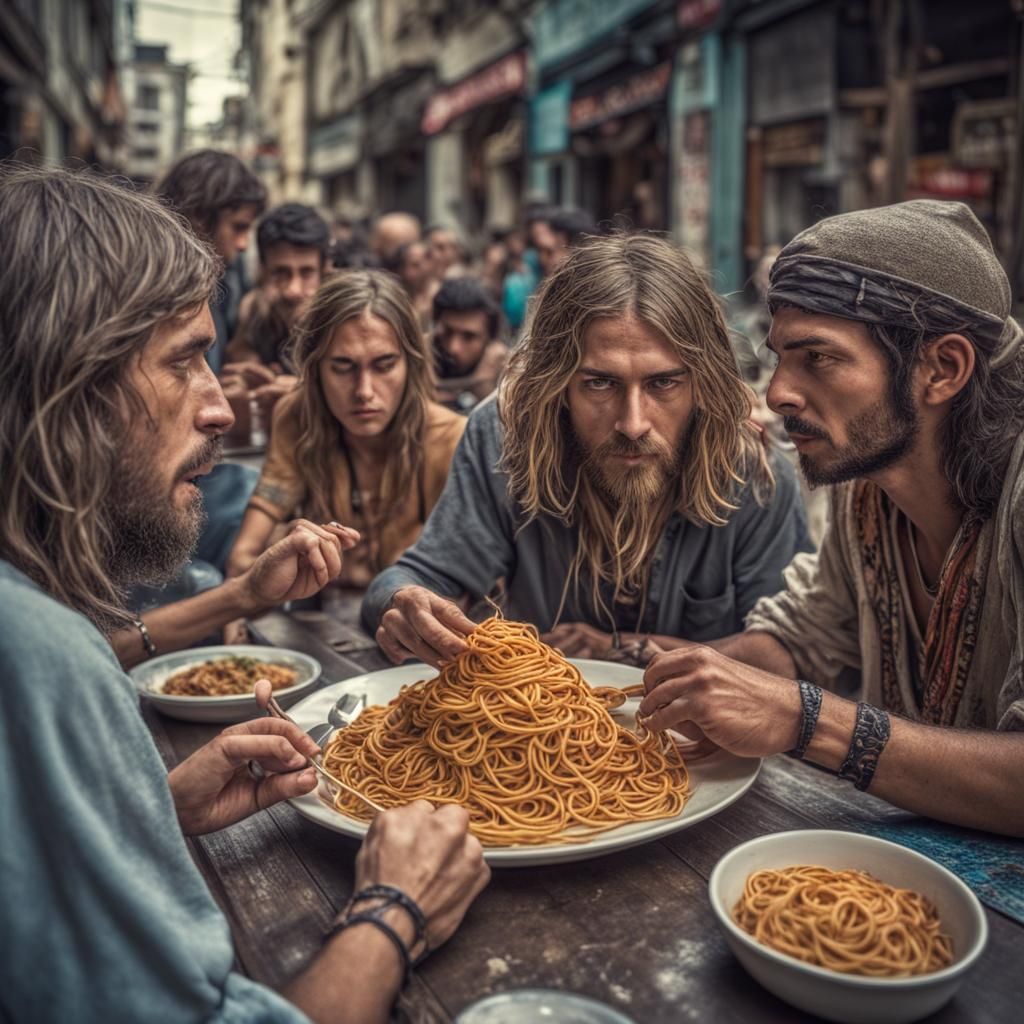 Yogis' Spaghetti Feast: 60s Hippie Style in HDR