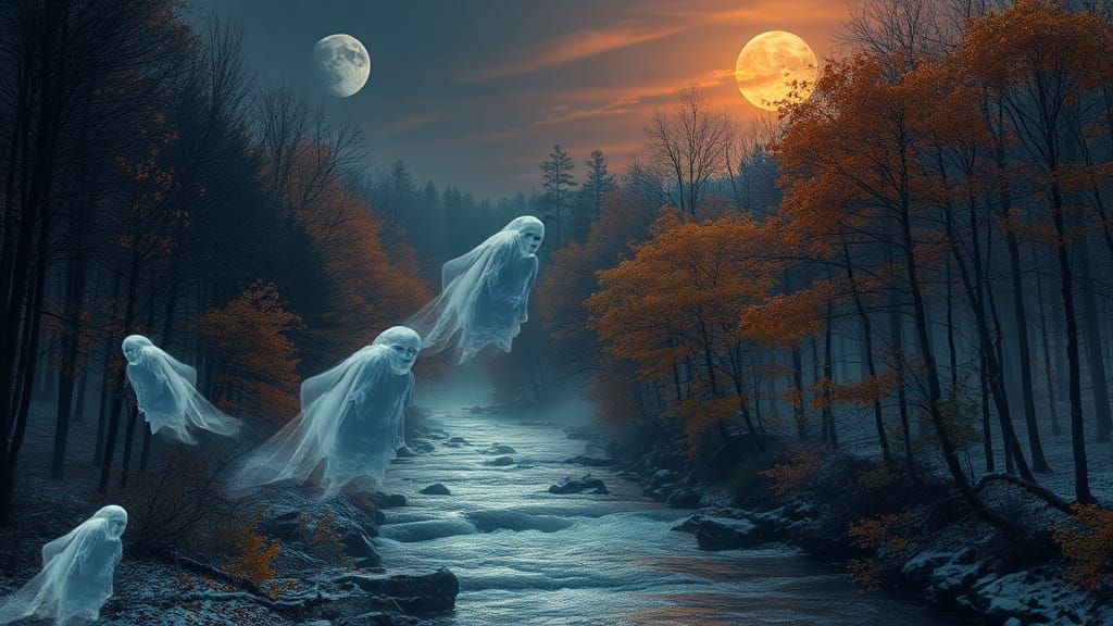Ghosts Drifting Through Autumn Forest at Night