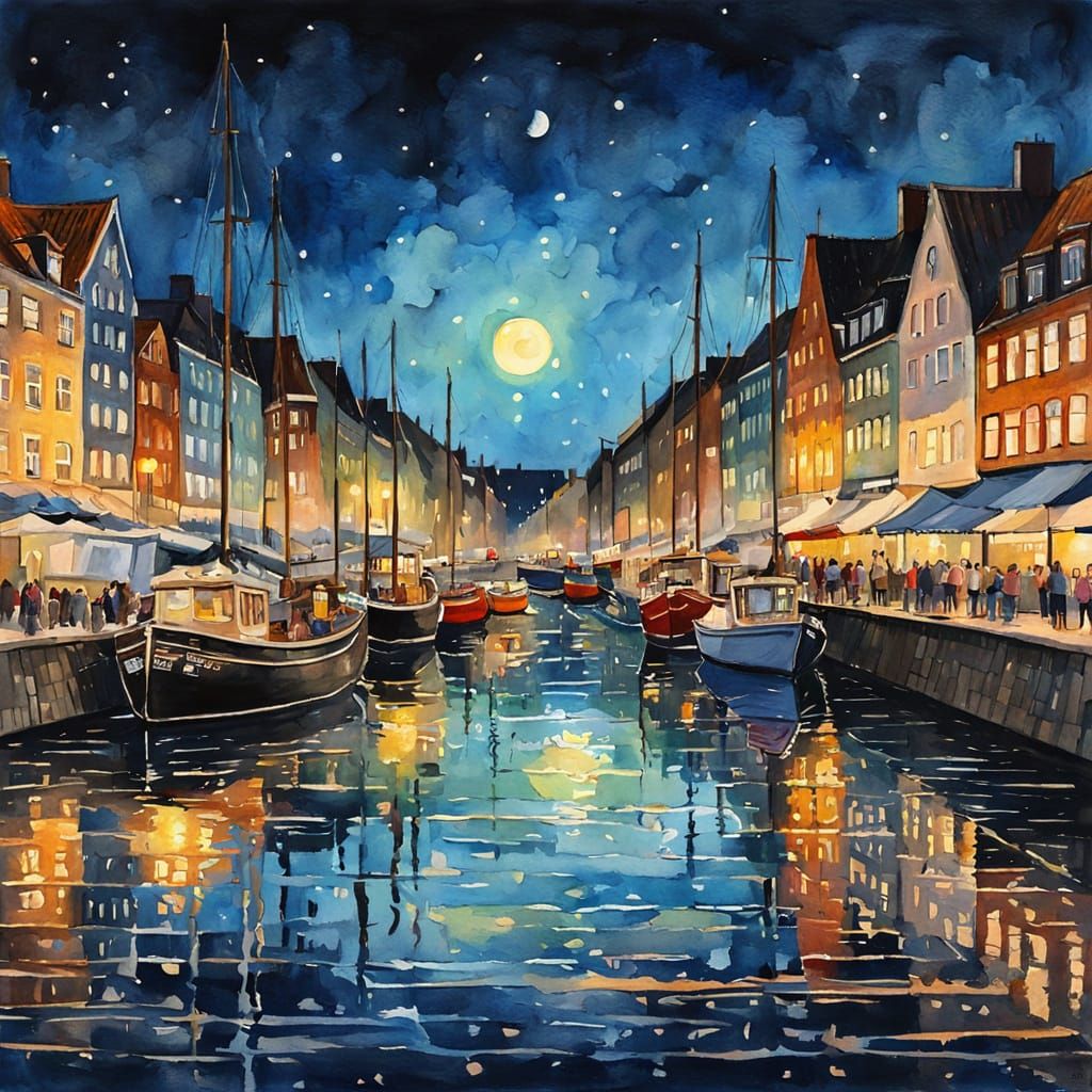 Copenhagen Seaside Boulevard in Gouache Watercolor Style