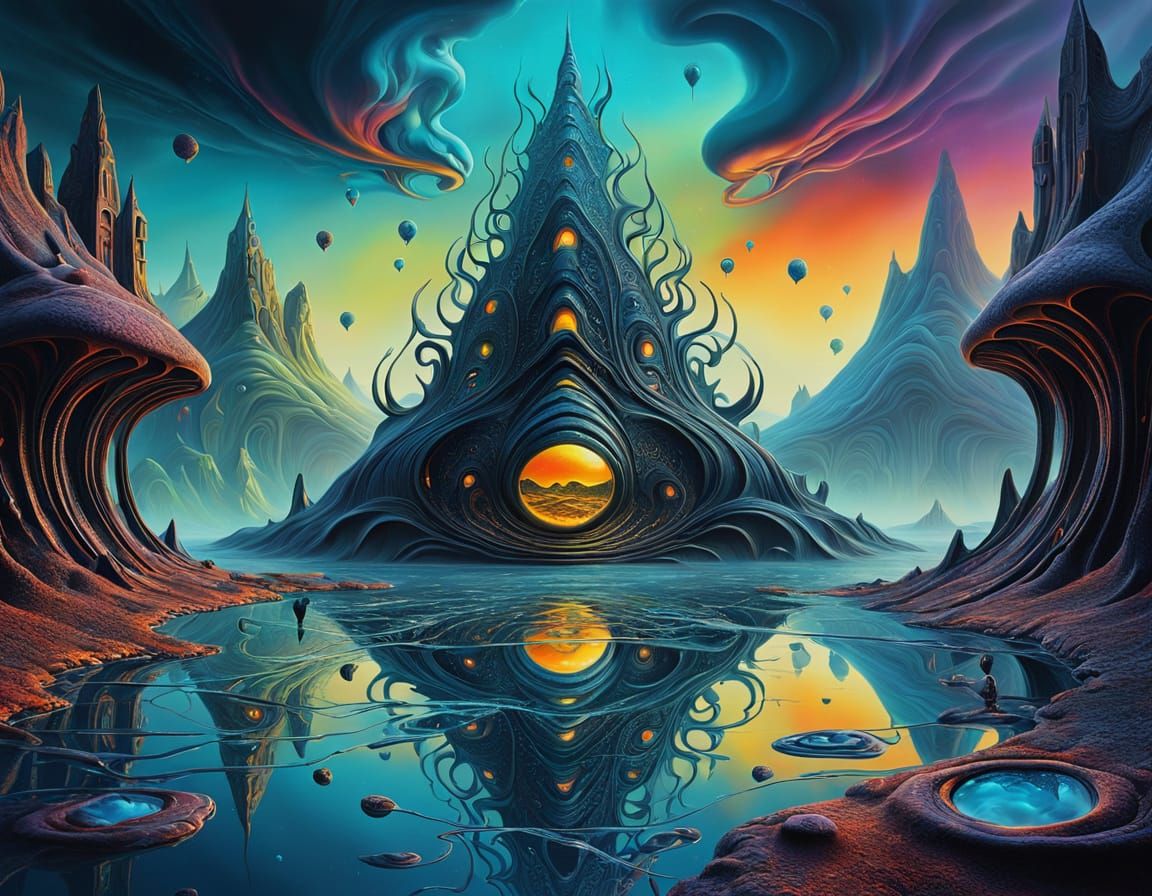 Surreal Alien Landscape with Glowing Runes