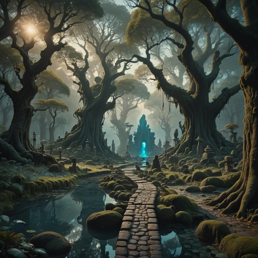 Mystical Grove with Bioluminescent Fungi, Digital Matte Pain...