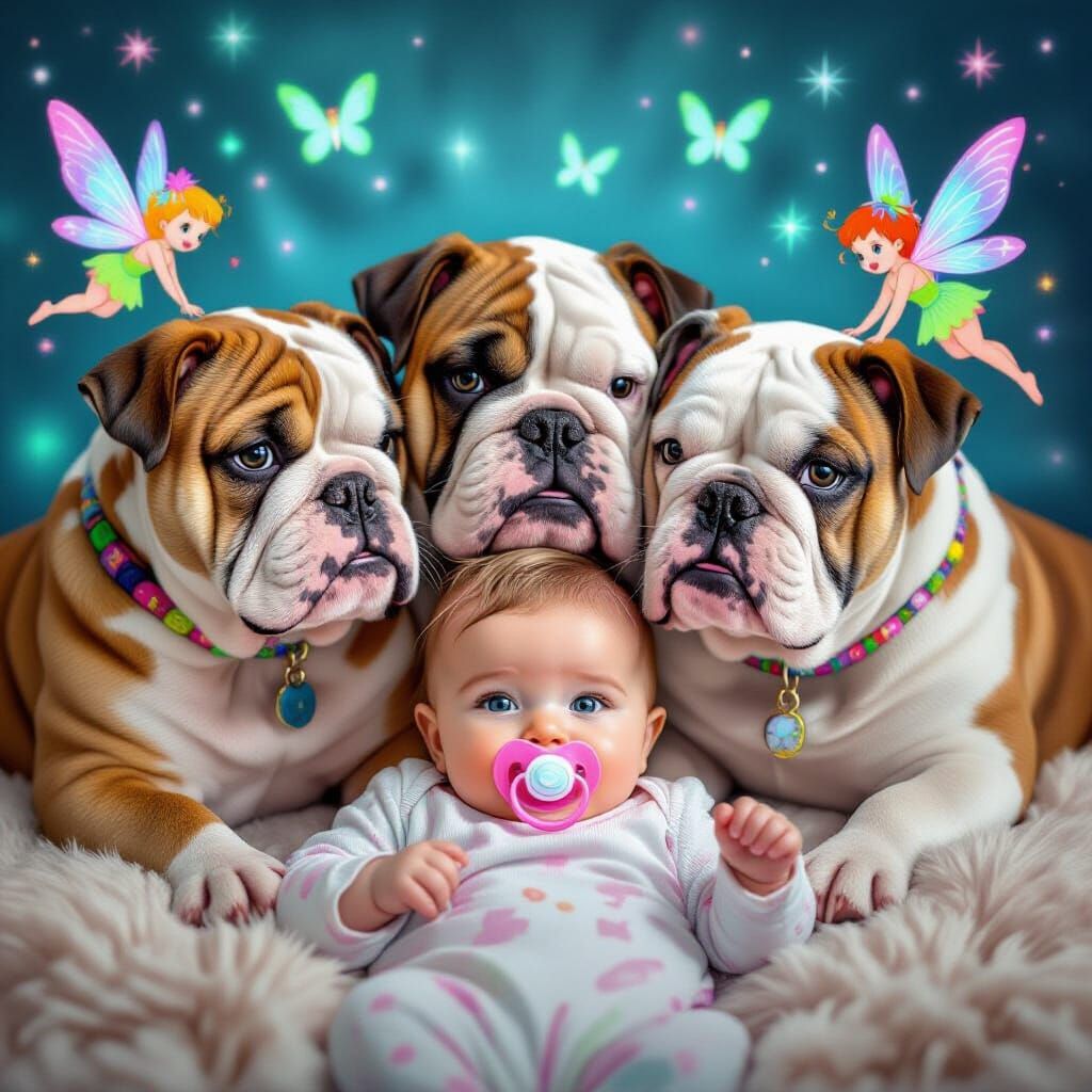 Hybrid Woman-Bulldogs Watch Over Baby with Pixies