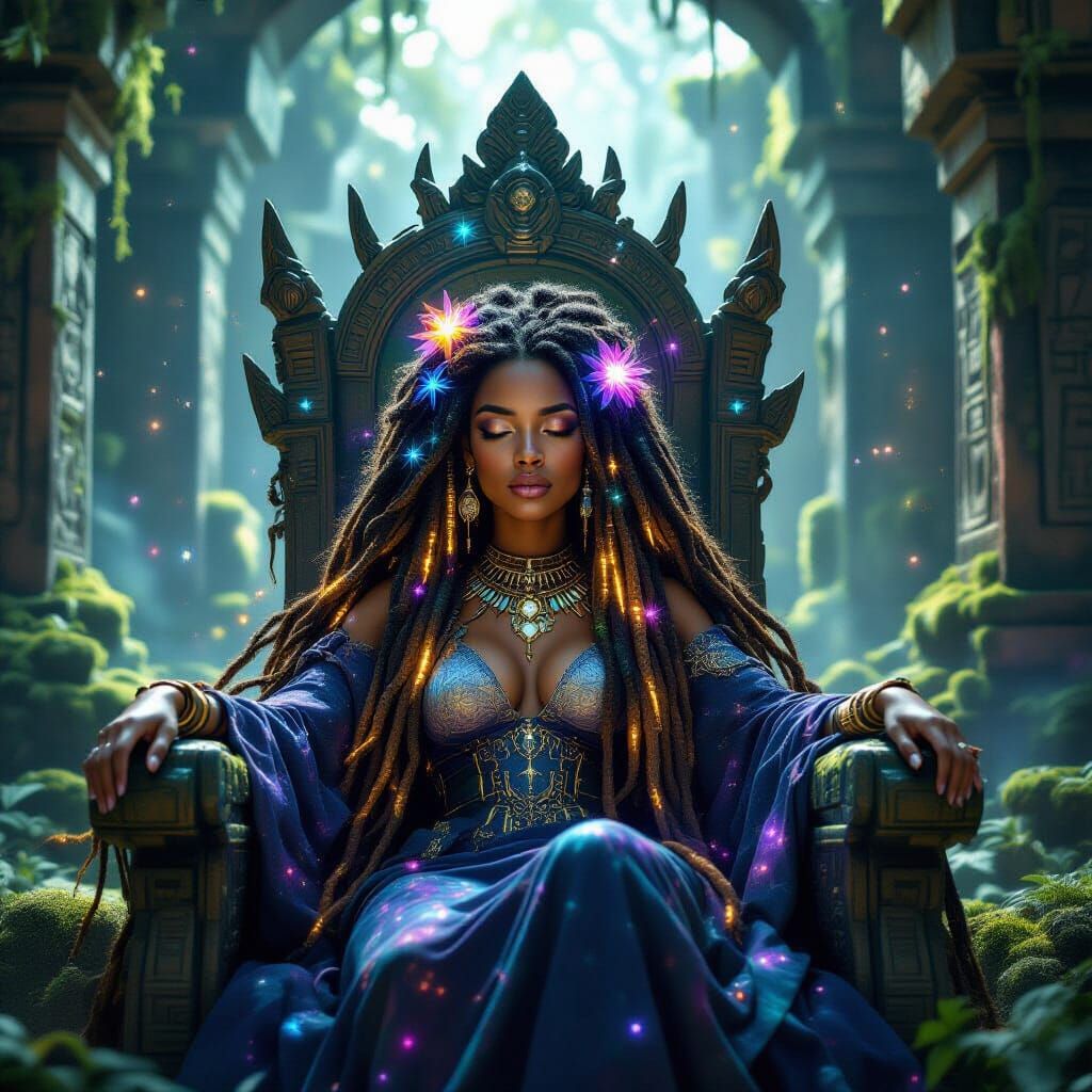 Starlight Dreadlocks Adorn Woman on Alien Throne