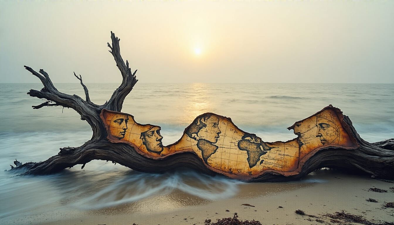 Driftwood Curling Eroded Olde-World Map, Charred and Rusty