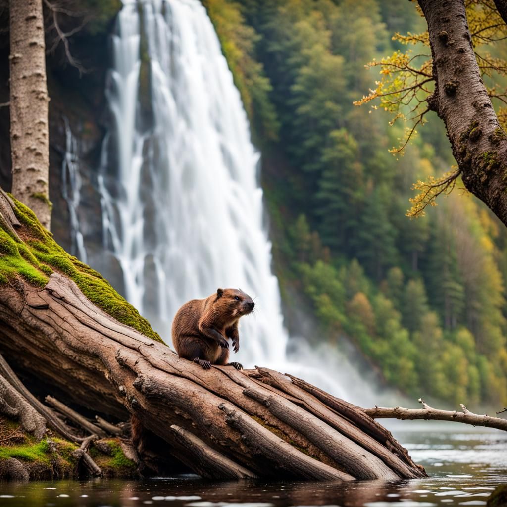 Beaver Gnawing Tree by Waterfall