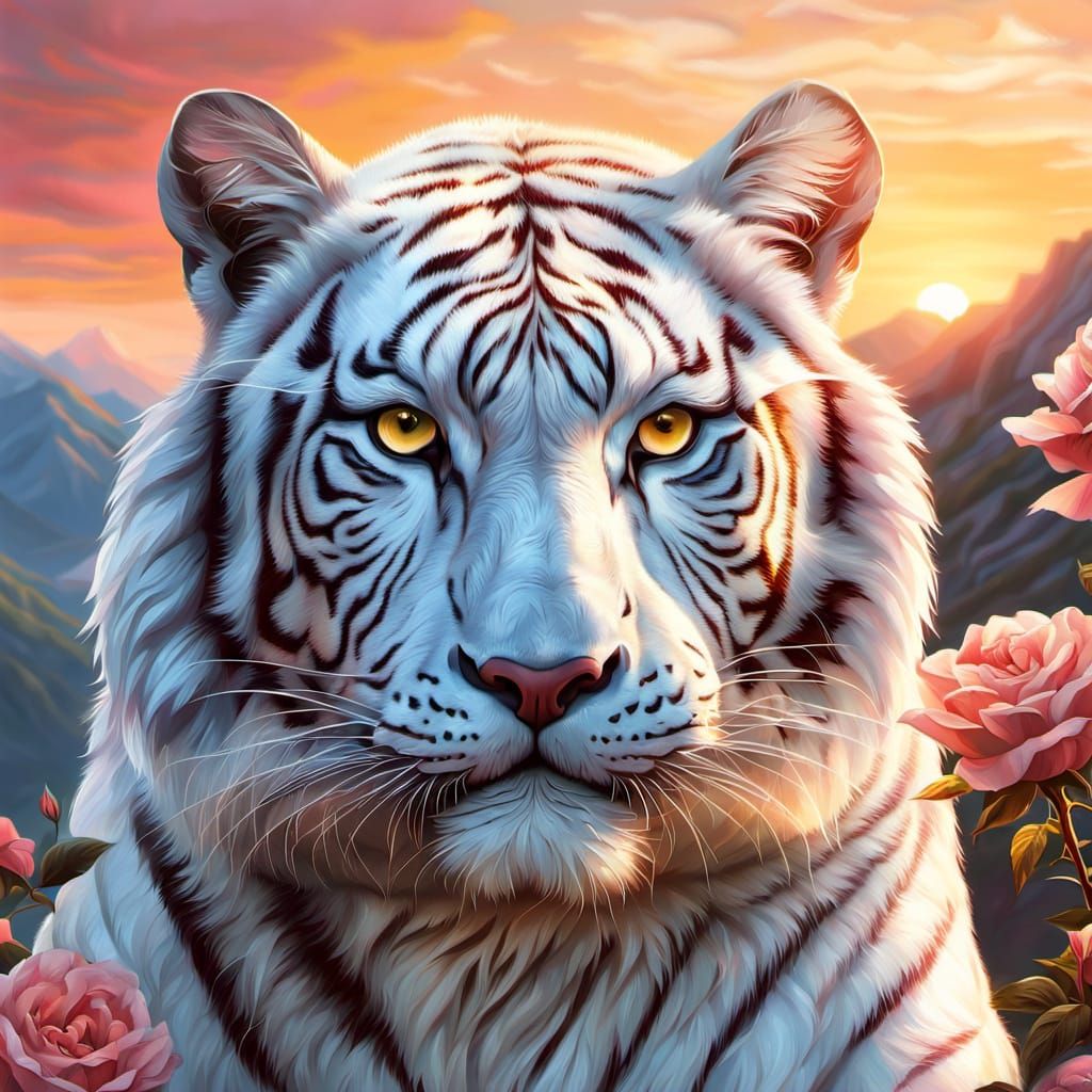 Majestic White Tiger in Mountain of Roses