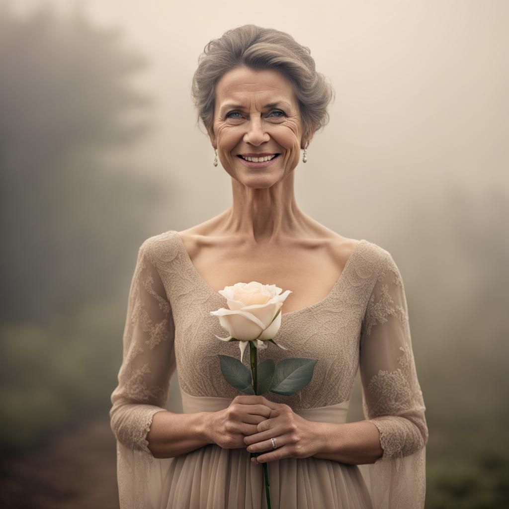Woman with Rose in Mist, Hyperrealistic Image