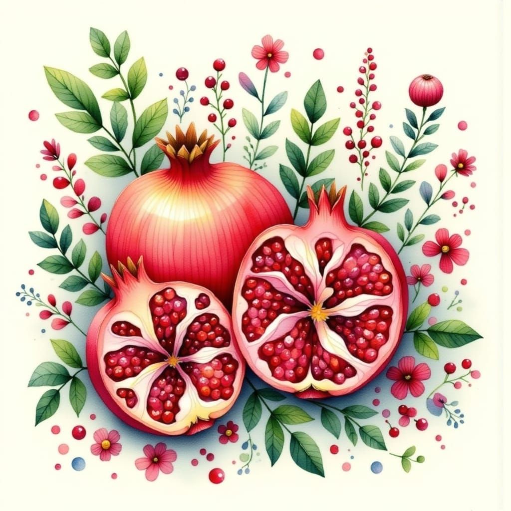Surreal Pomegranate Blooms in Whimsical Watercolor and Digit...