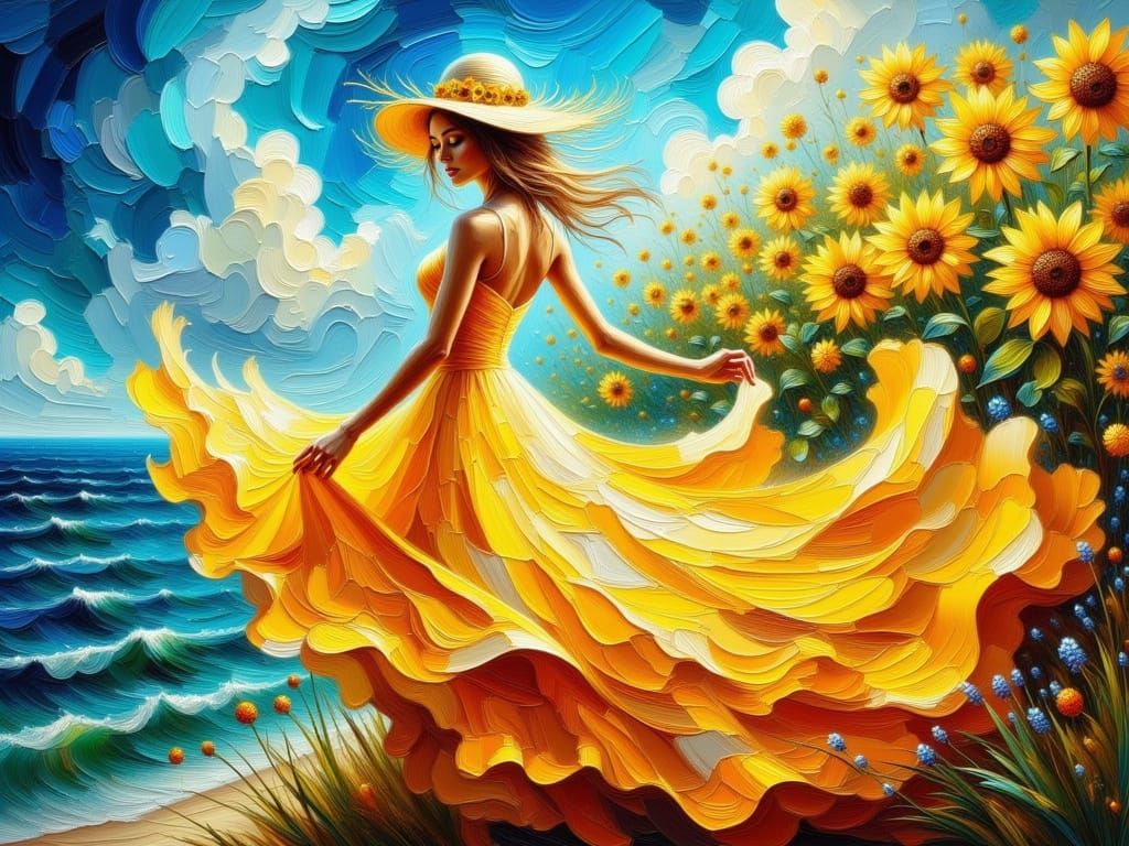 Vibrant Impasto Oil Painting of a Woman in Sunflower Dress b...