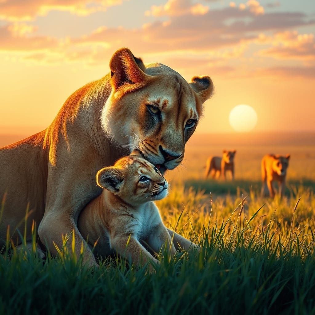Majestic Lioness and Her Cub in Lush Savannah Landscape