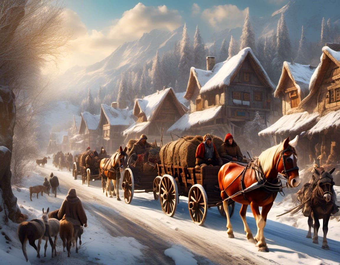 Medieval Wagons in Snow: Hyperrealistic Photo