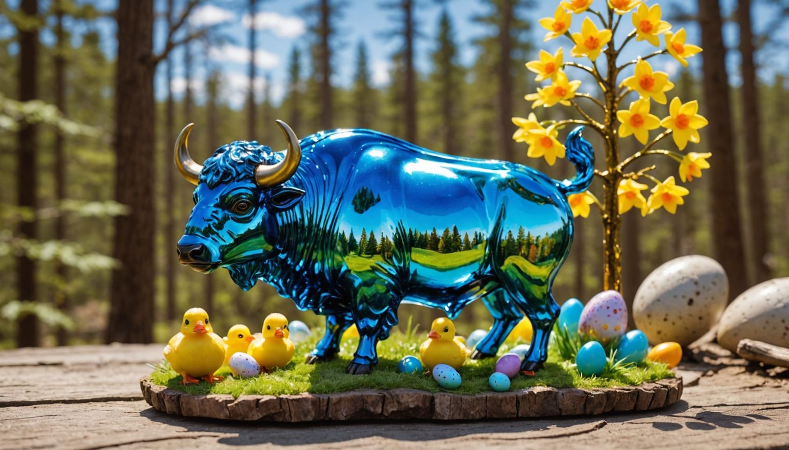 Easter Buffalo in Vibrant Iridescent Glass Sculpture