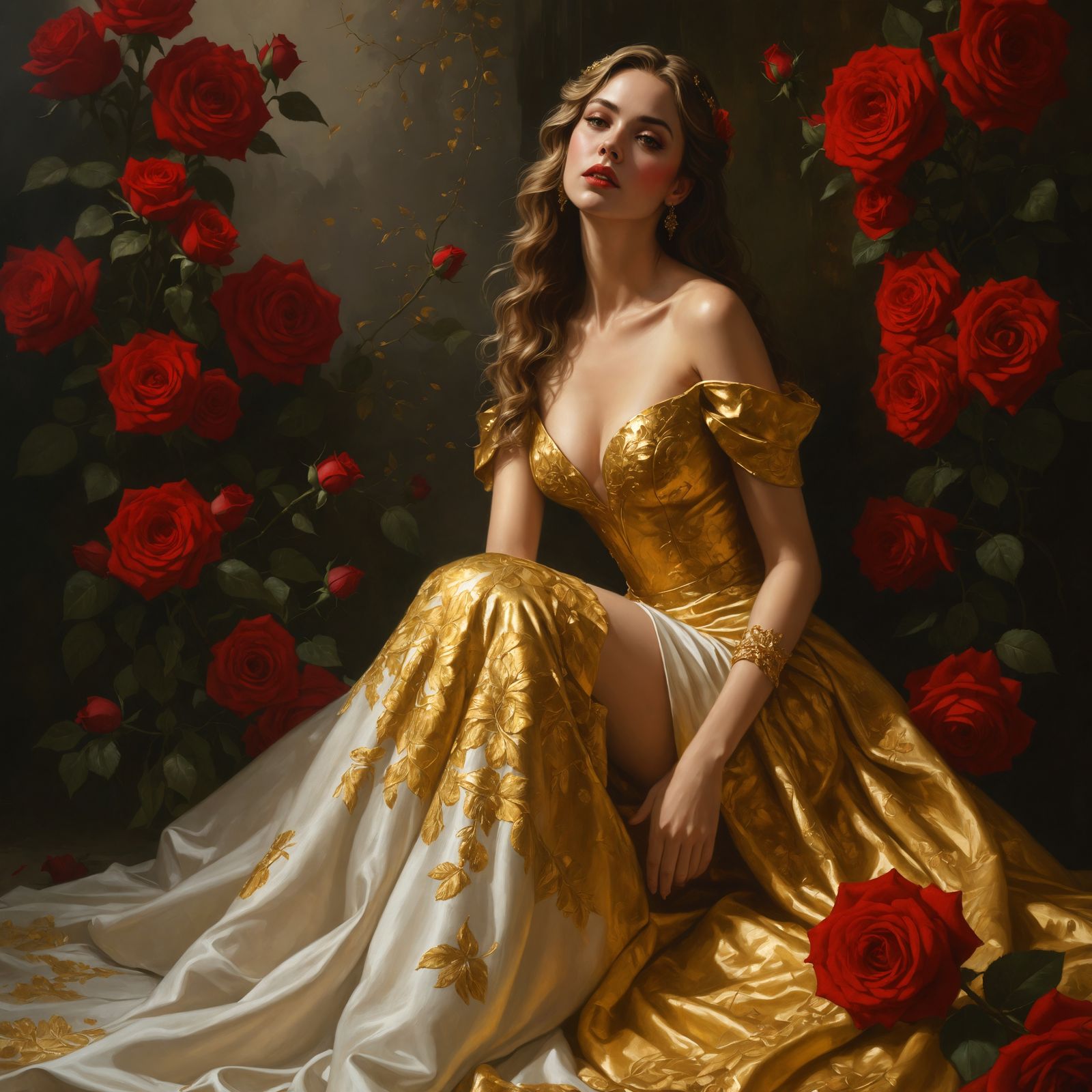 Woman in Golden Dress with Roses: Fantasy Art