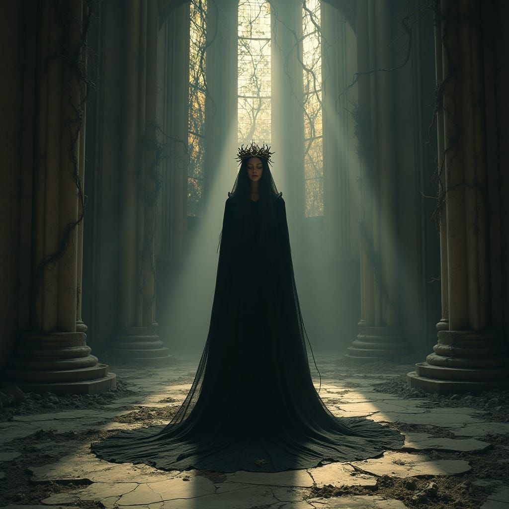 Dark Gothic Cathedral in Twilight, Overgrown by Sentient Vin...