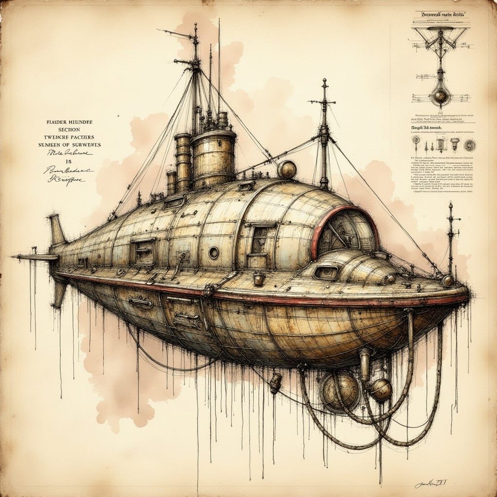 19th Century Submarine Patent Drawing in Intricate Victorian...