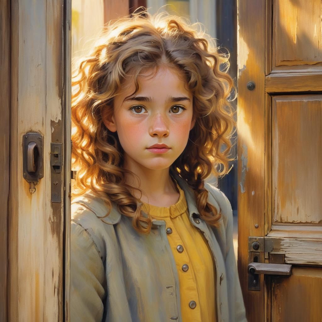 Impressionistic Young Girl at School Door