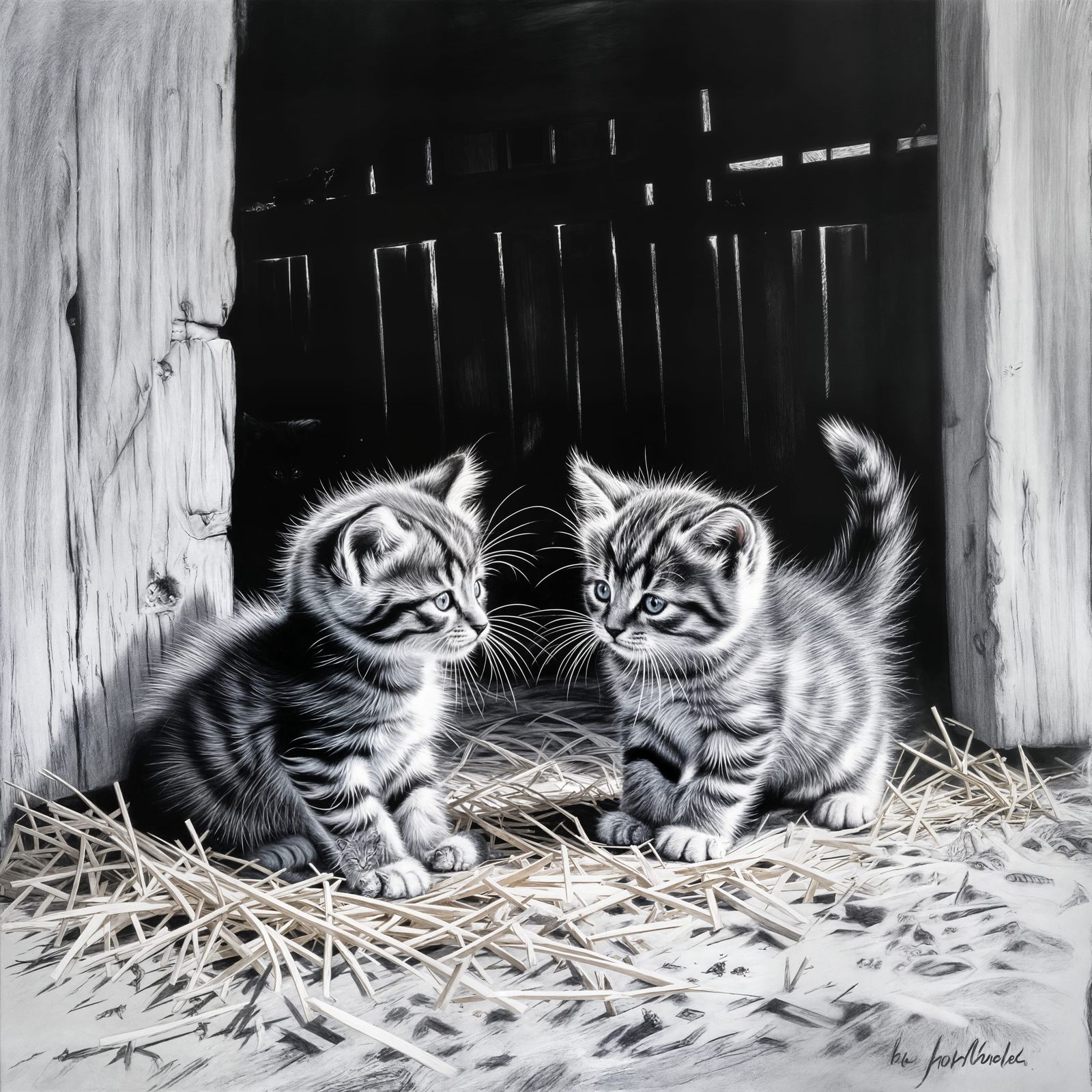 Detailed Charcoal Drawing of Kittens Playing in Barn