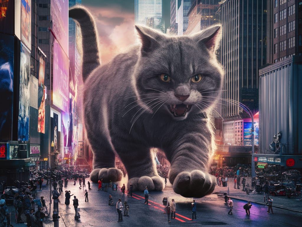 Giant Cat Dragon Strides Through City Center