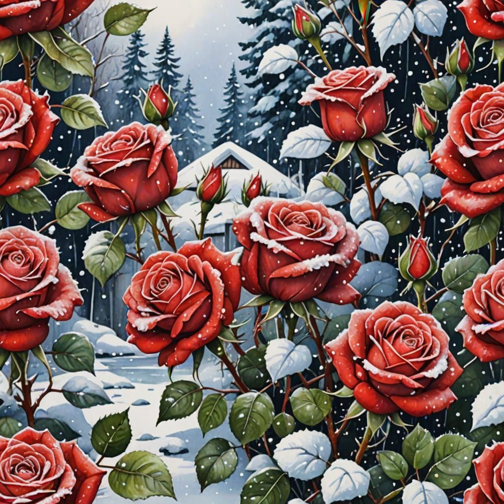 Red Roses Covered in Snow Watercolour