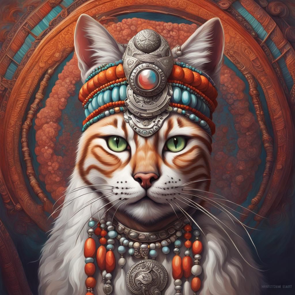 Wise Cat Shaman Portrait in Hyperrealistic Style